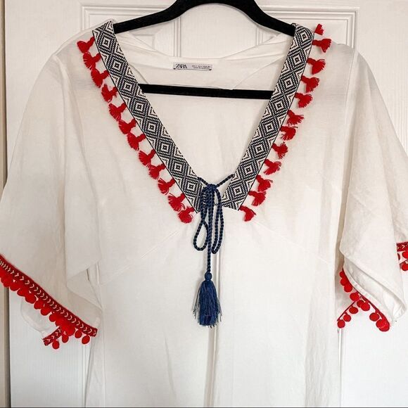 Zara Boho Pom Pom Tassel Midi Dress White S - Picture 5 of 15